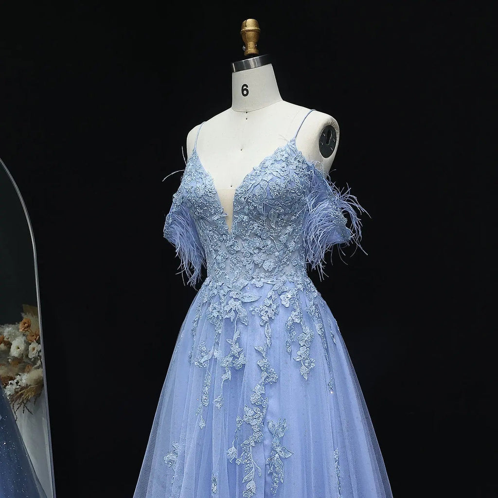 Light Blue Feather Off-Shoulder Embroidered Prom Dress Detail View