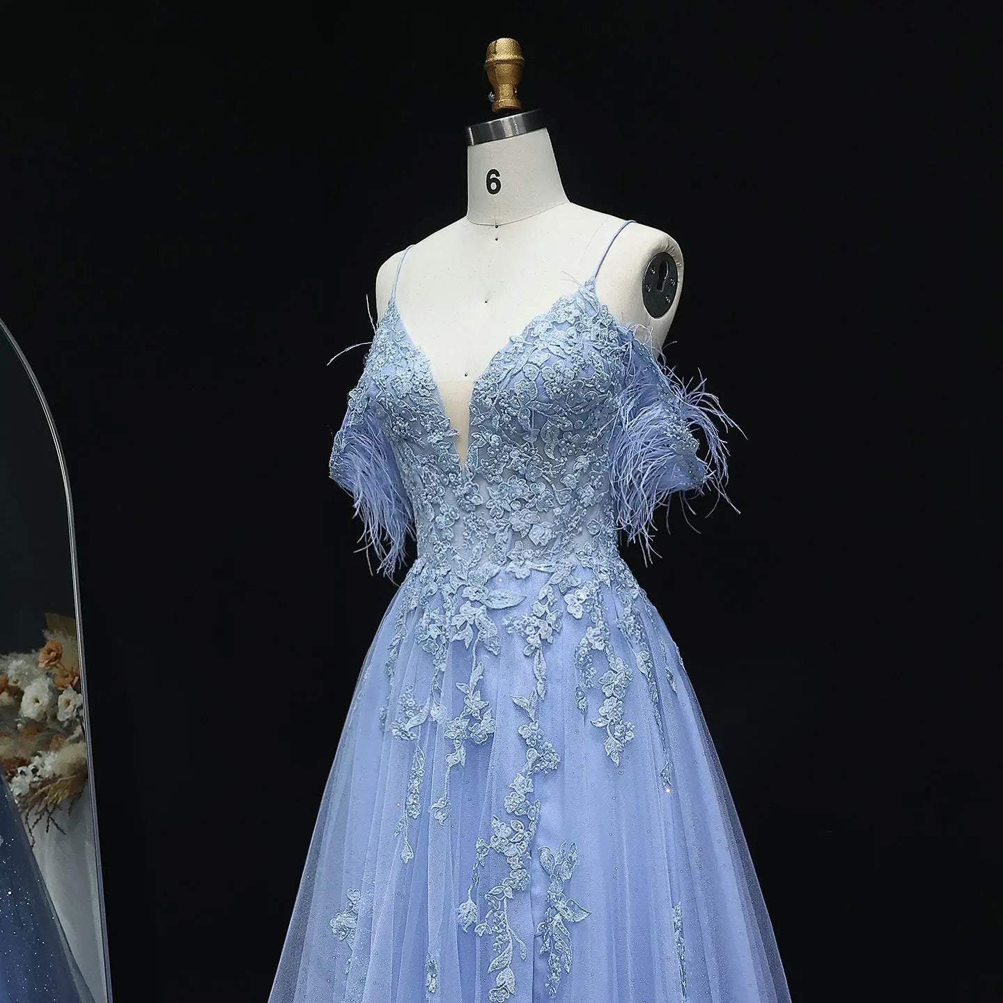 Light Blue Feather Off-Shoulder Embroidered Prom Dress Detail View