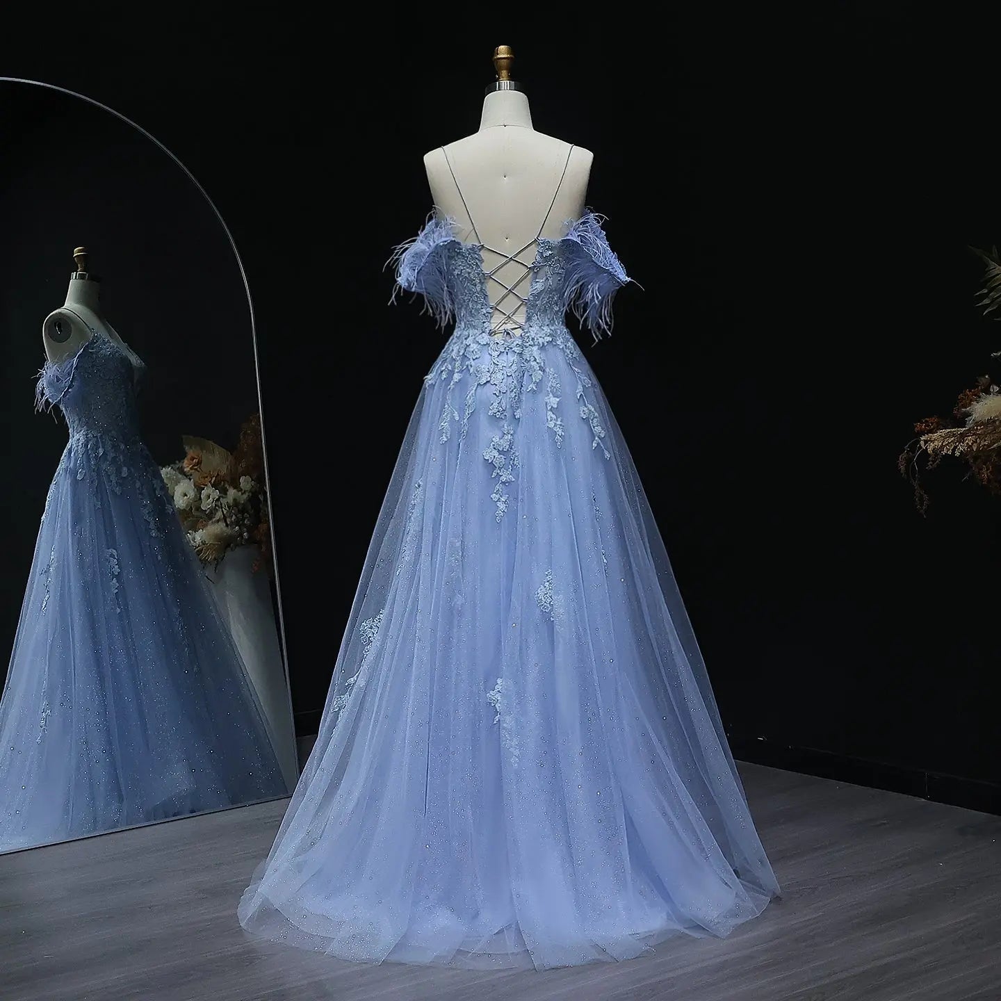 Light Blue Feather Off-Shoulder Embroidered Prom Dress Full Length View