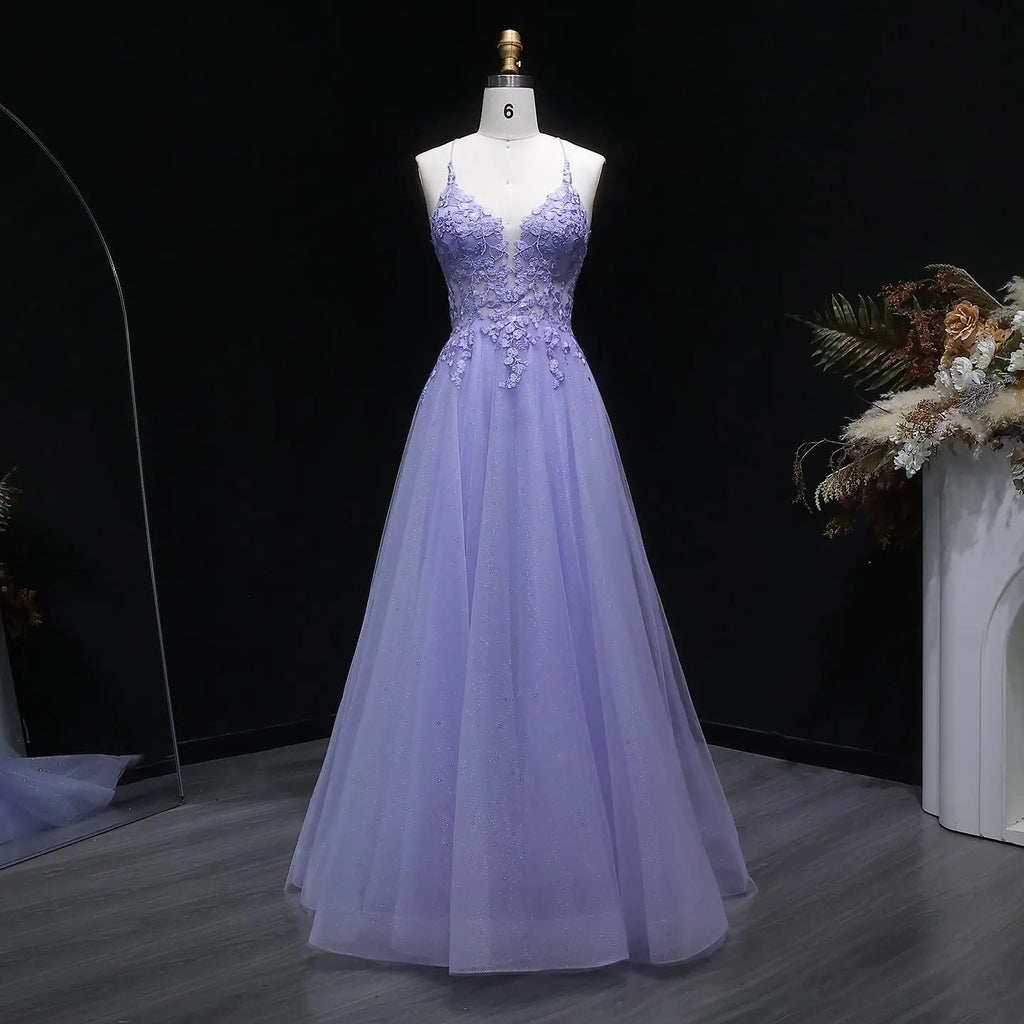 Lilac Embroidered Spaghetti Strap A-Line Prom Dress Front View