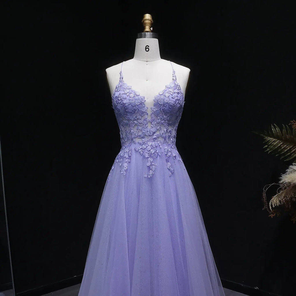 Lilac Embroidered Spaghetti Strap A-Line Prom Dress Back View