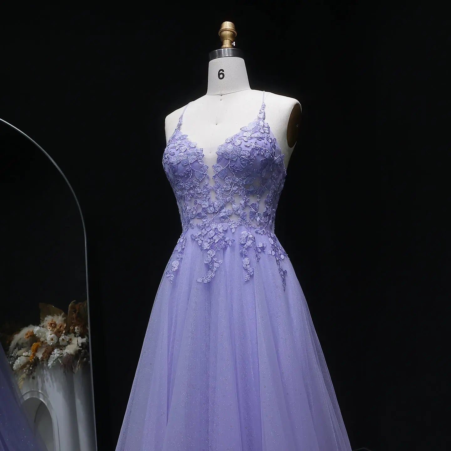 Lilac Embroidered Spaghetti Strap A-Line Prom Dress Side View