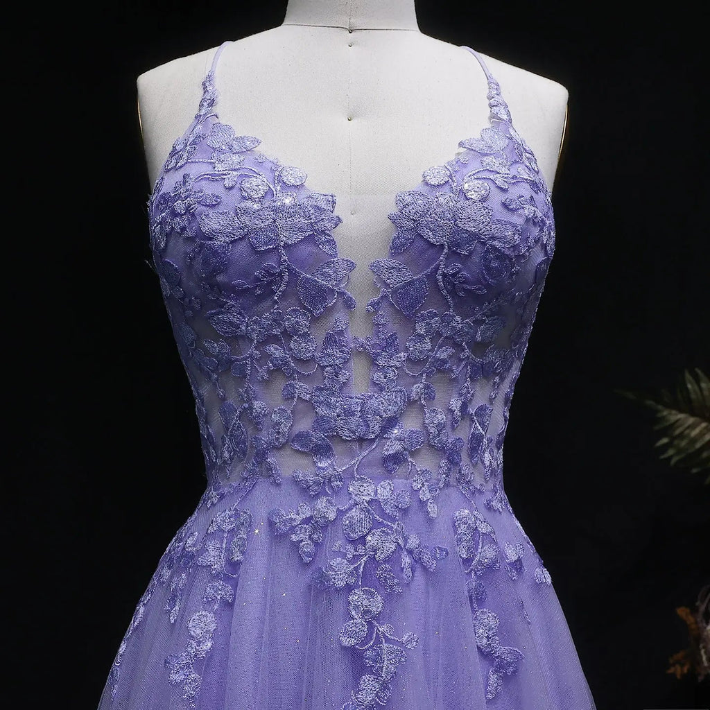 Lilac Embroidered Spaghetti Strap A-Line Prom Dress Detail View
