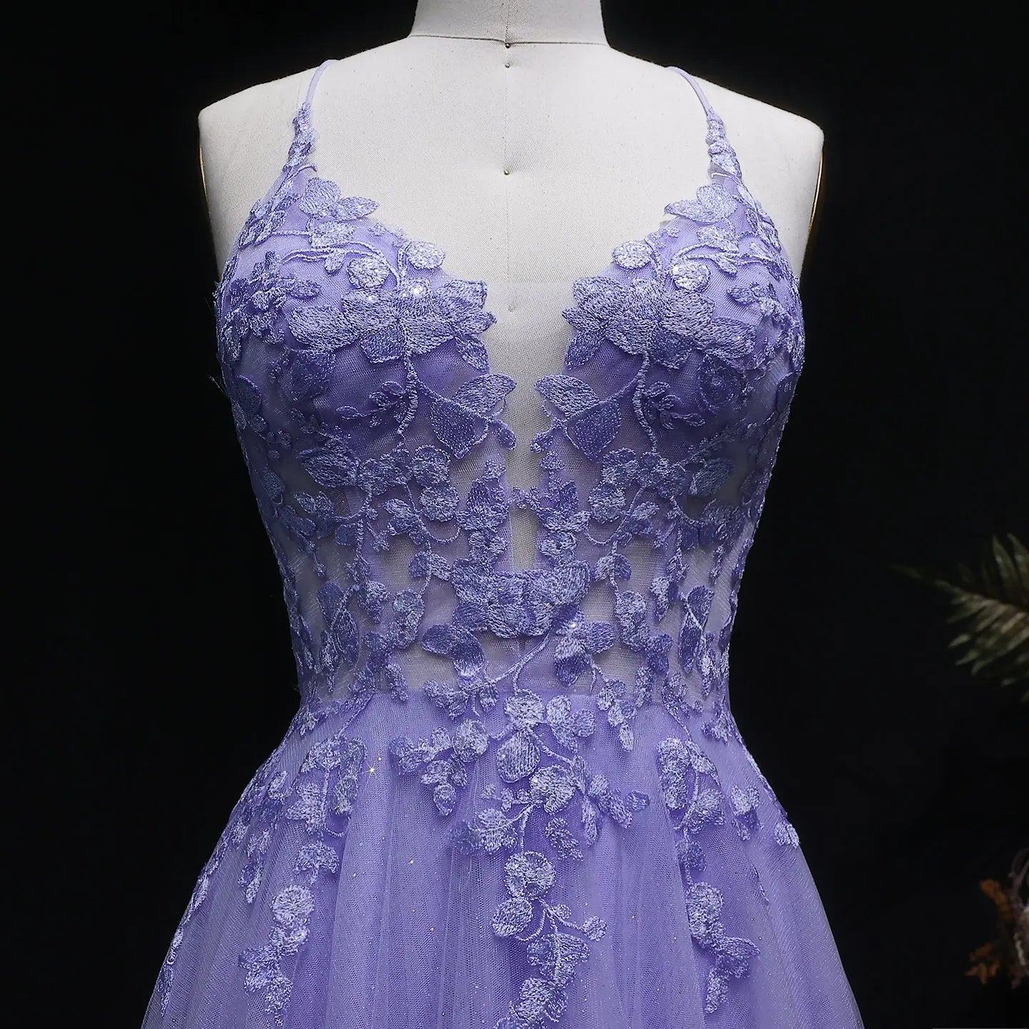 Lilac Embroidered Spaghetti Strap A-Line Prom Dress Detail View