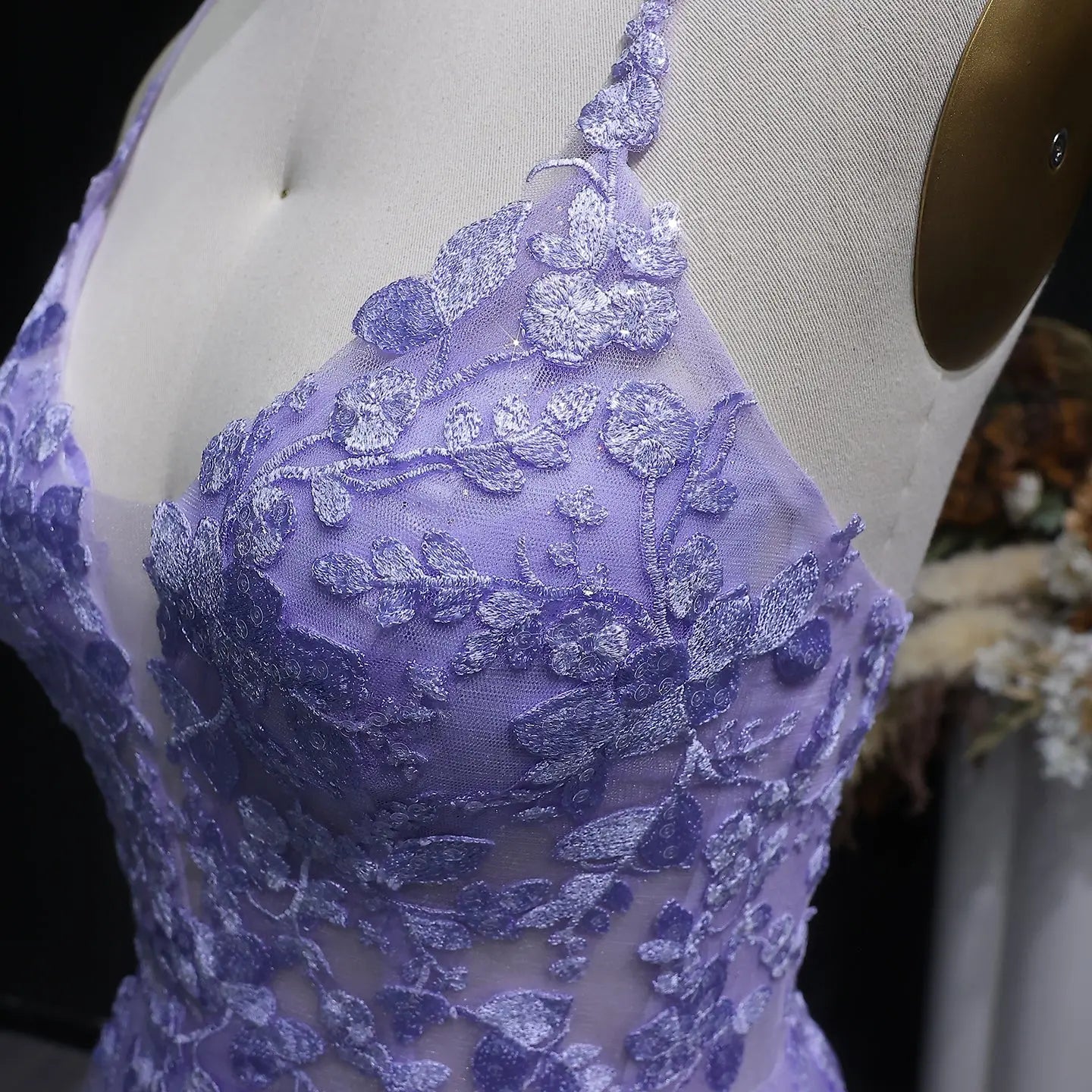 Lilac Embroidered Spaghetti Strap A-Line Prom Dress Full Length View