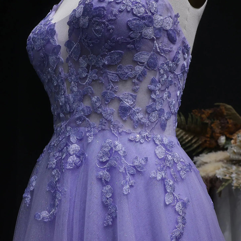 Lilac Embroidered Spaghetti Strap A-Line Prom Dress Close-Up View