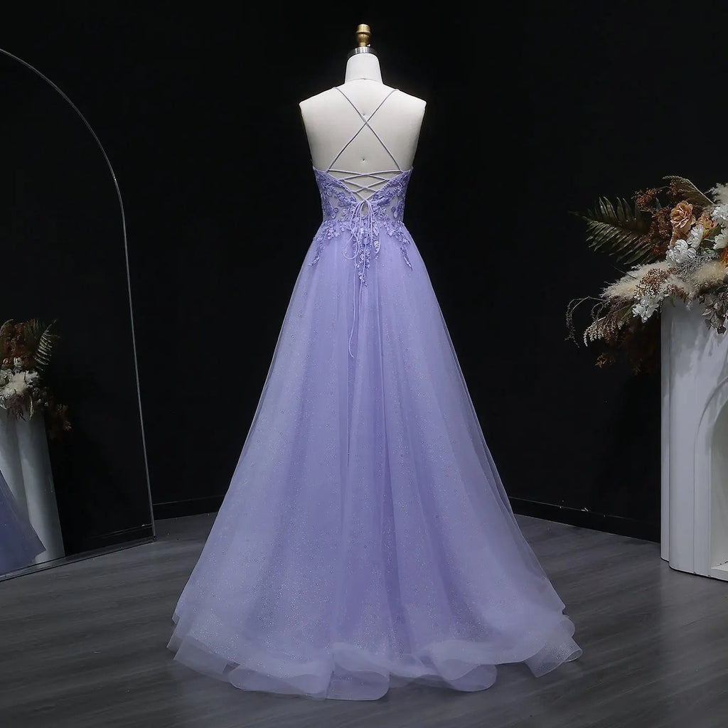 Lilac Embroidered Spaghetti Strap A-Line Prom Dress Angle View