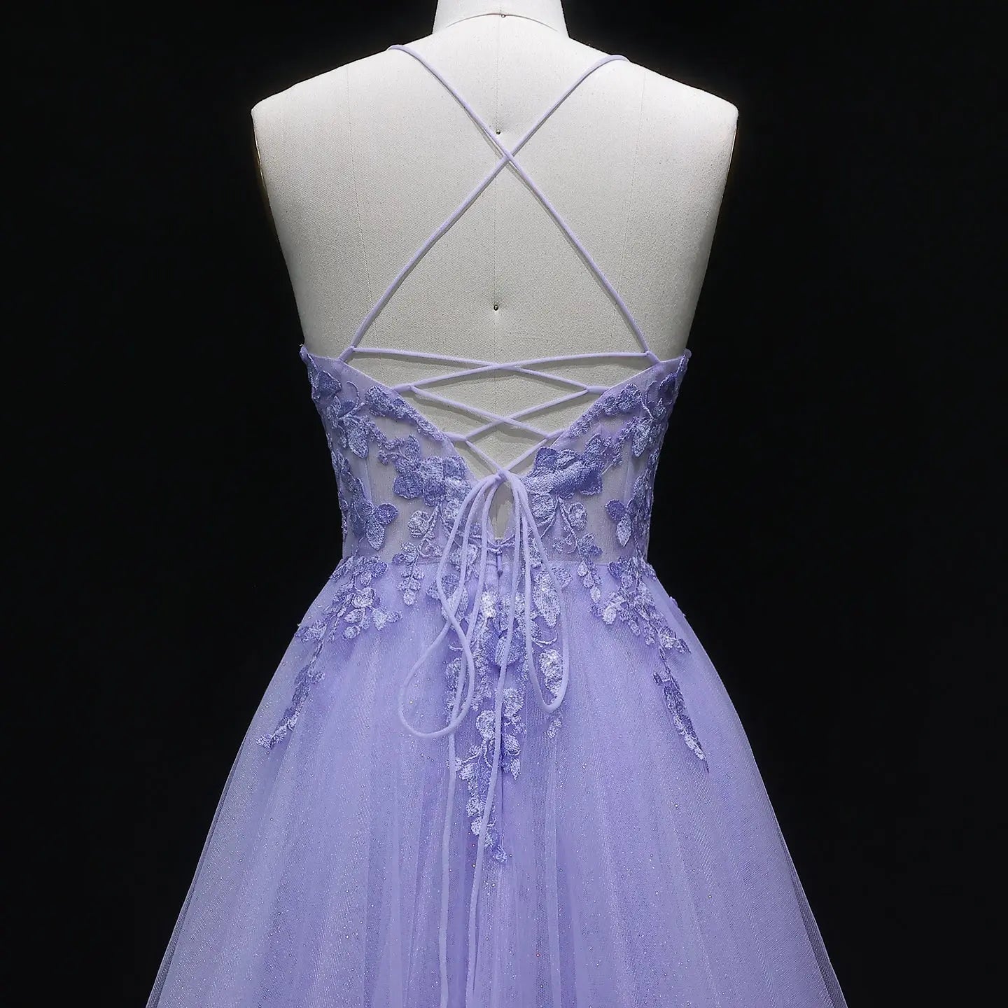 Lilac Embroidered Spaghetti Strap A-Line Prom Dress Neckline Detail
