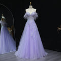 Lilac Feather Beaded Spaghetti Strap A-Line Prom Dress Front View