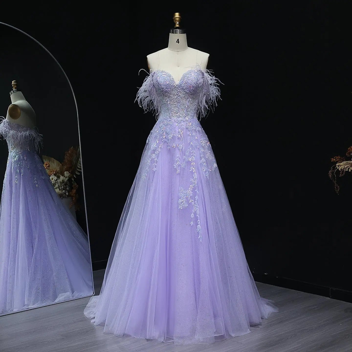 Lilac Feather Beaded Spaghetti Strap A-Line Prom Dress Front View