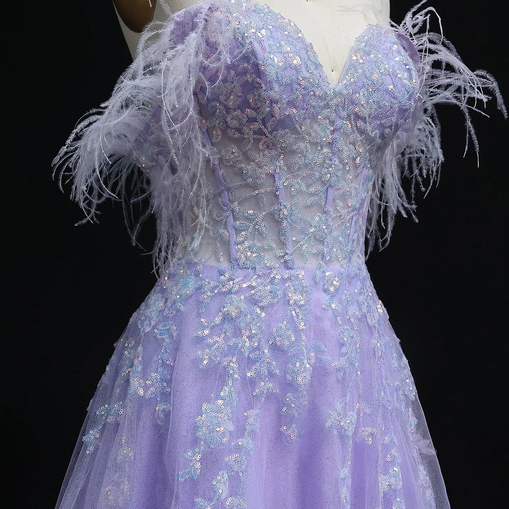 Lilac Feather Beaded Spaghetti Strap A-Line Prom Dress Side View