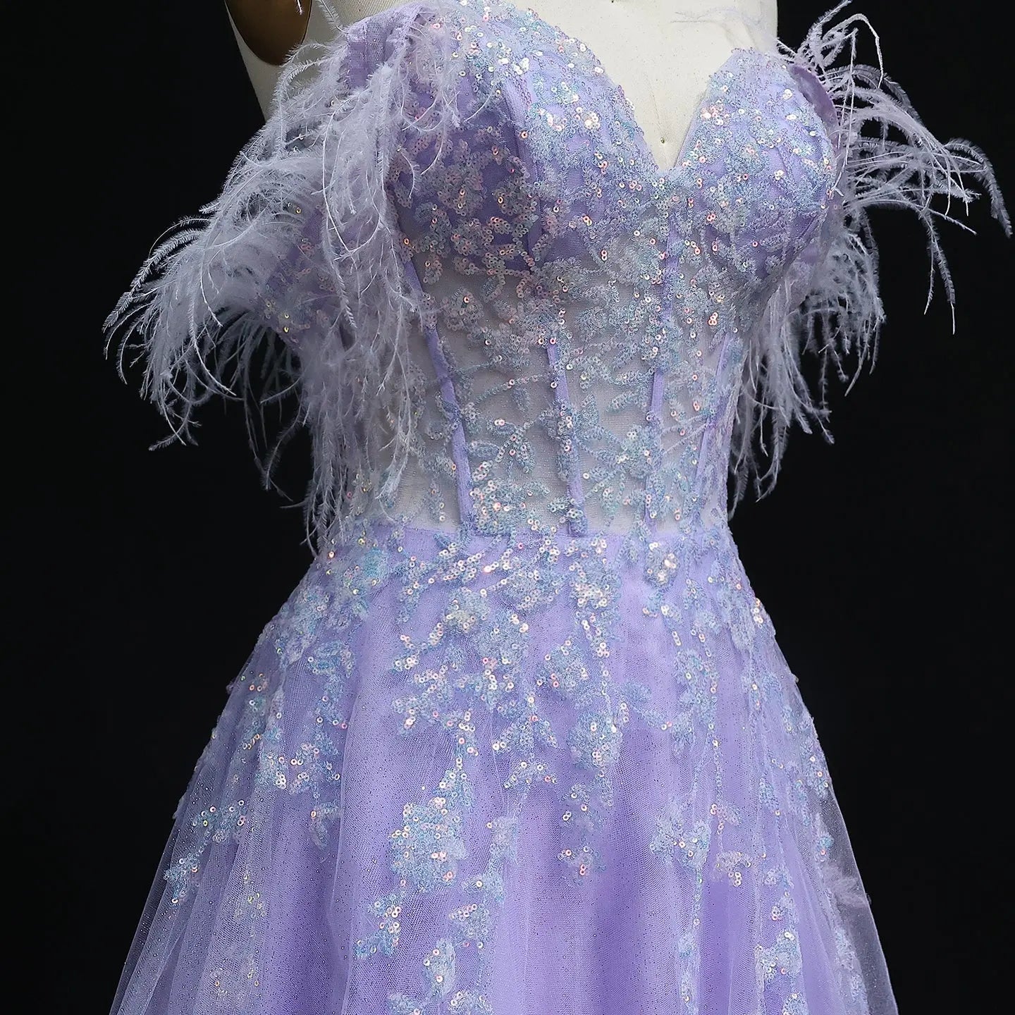 Lilac Feather Beaded Spaghetti Strap A-Line Prom Dress Side View