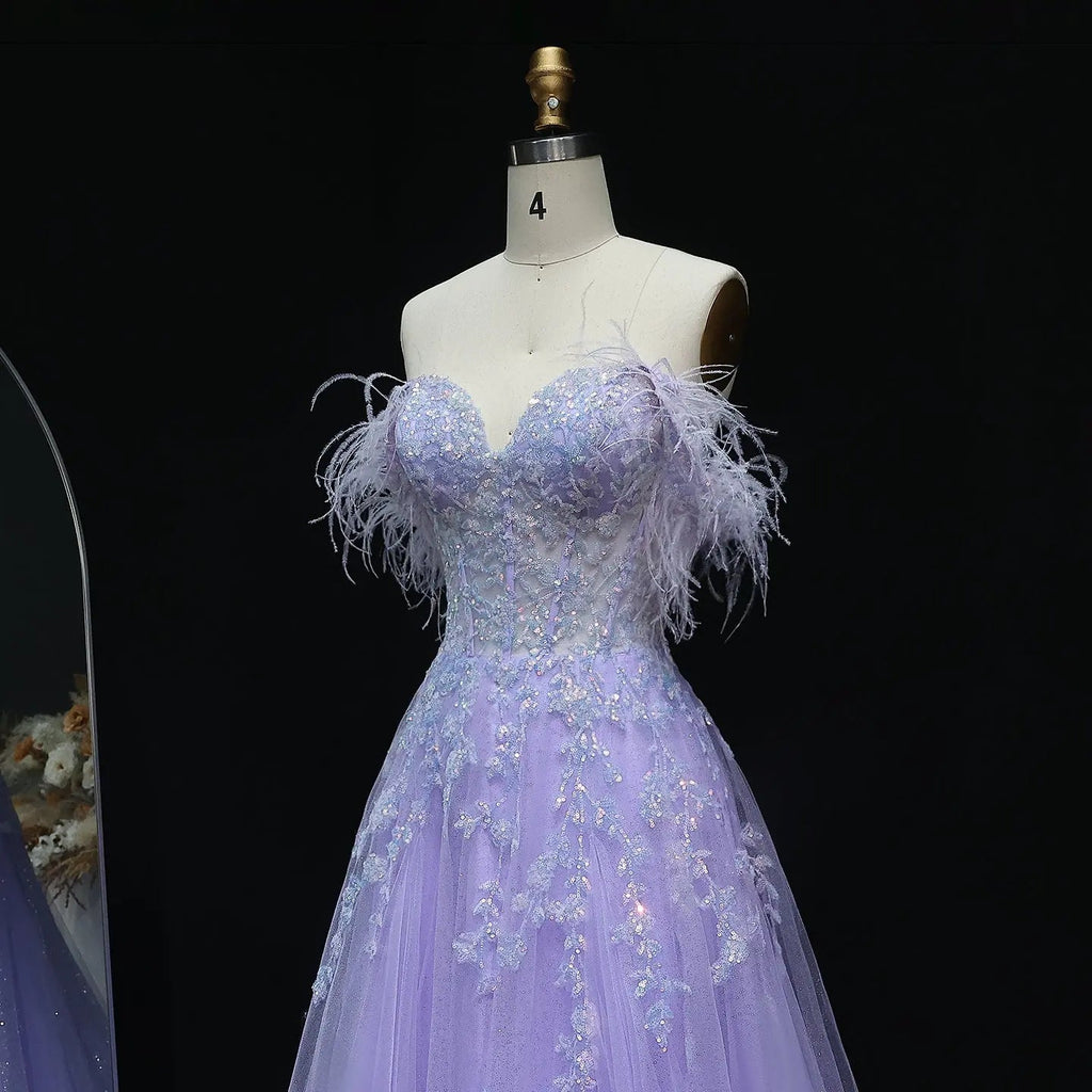 Lilac Feather Beaded Spaghetti Strap A-Line Prom Dress Detail View