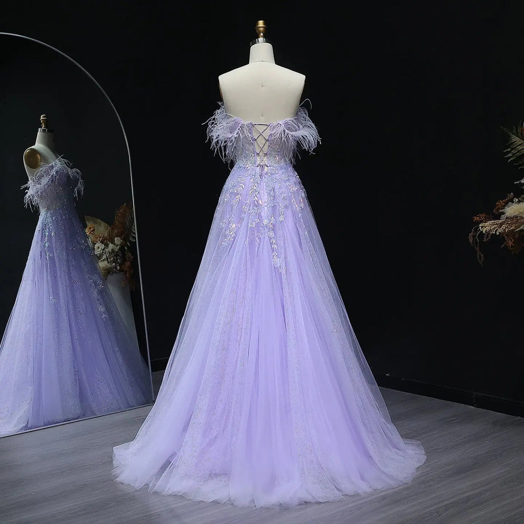 Lilac Feather Beaded Spaghetti Strap A-Line Prom Dress Full Length View