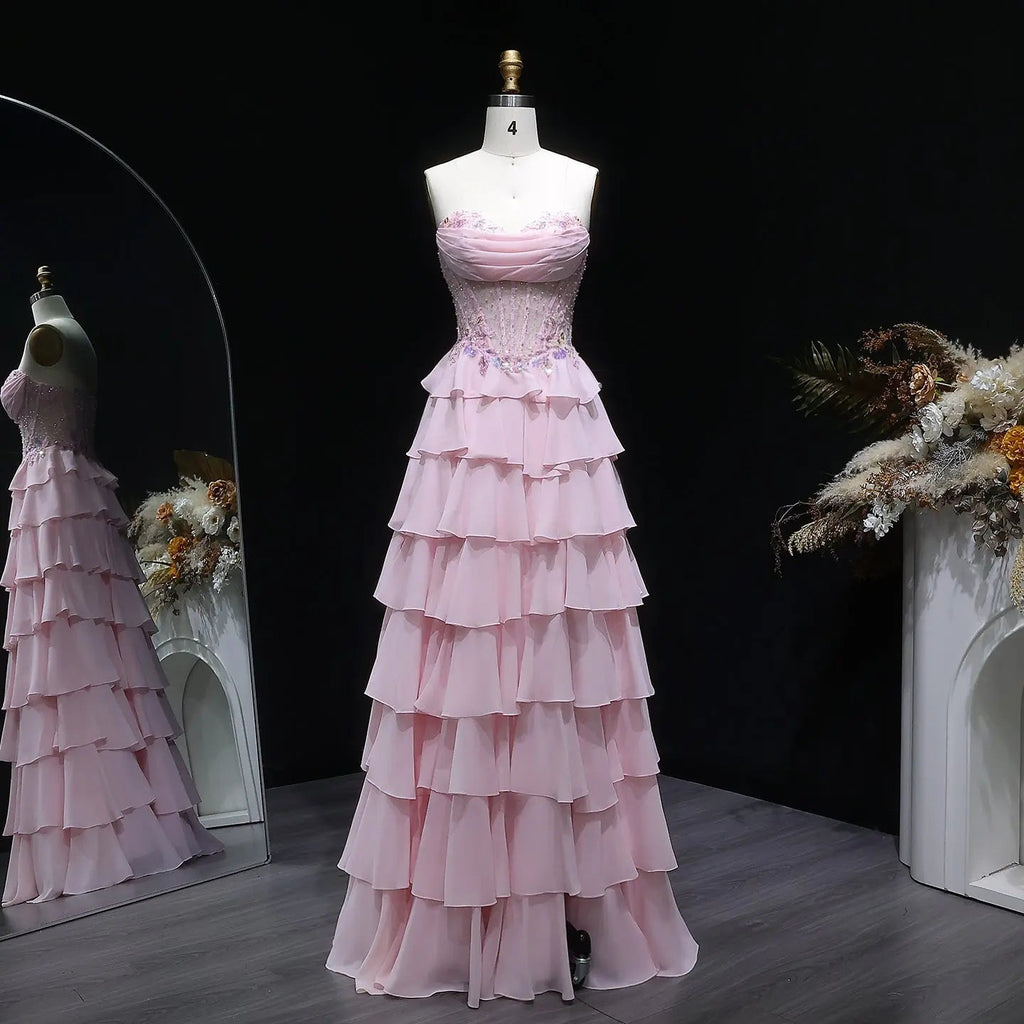 Pink Beaded Sequin Strapless Tiered A-Line Prom Dress Front View