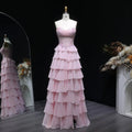 Pink Beaded Sequin Strapless Tiered A-Line Prom Dress Front View