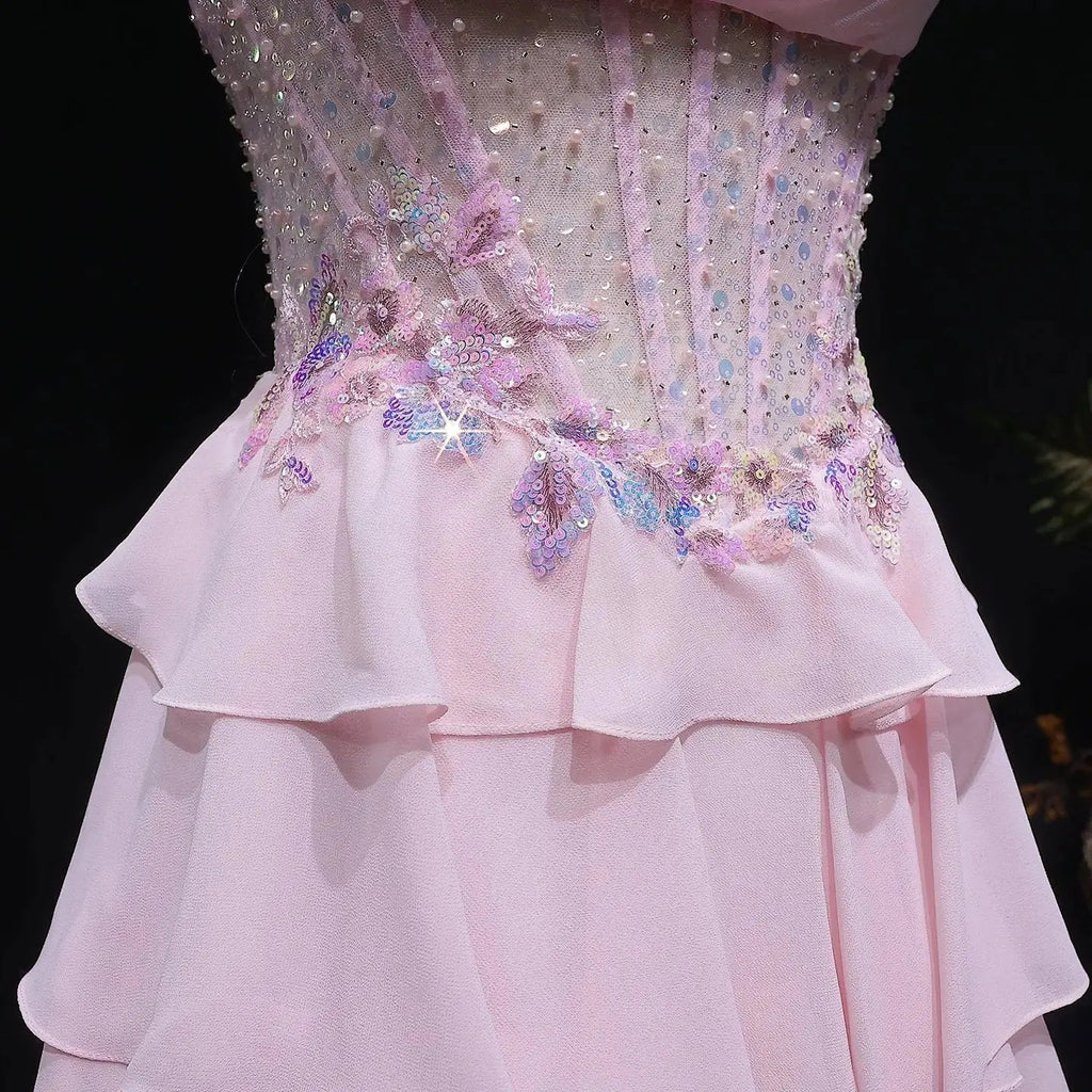 Pink Beaded Sequin Strapless Tiered A-Line Prom Dress Back View