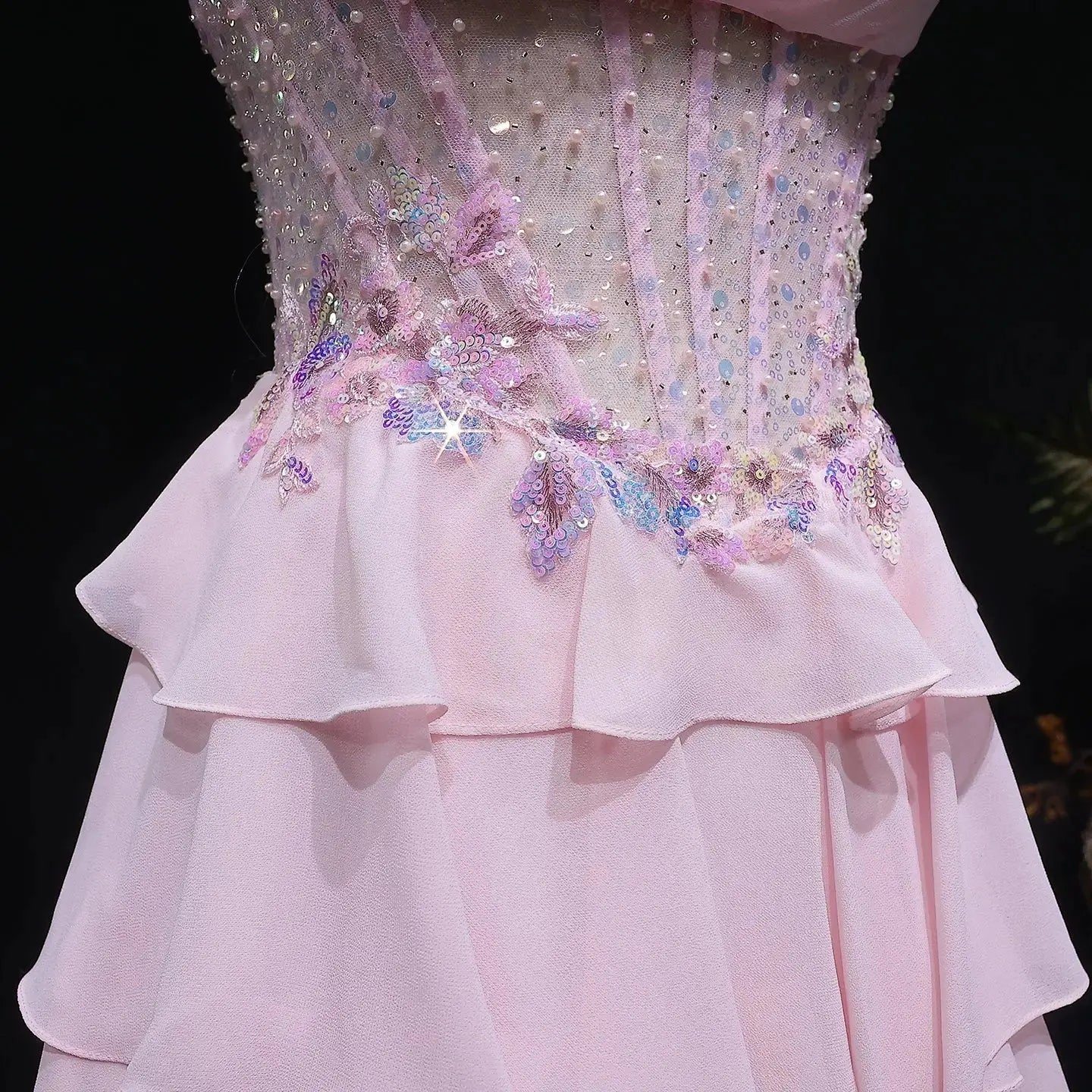 Pink Beaded Sequin Strapless Tiered A-Line Prom Dress Back View