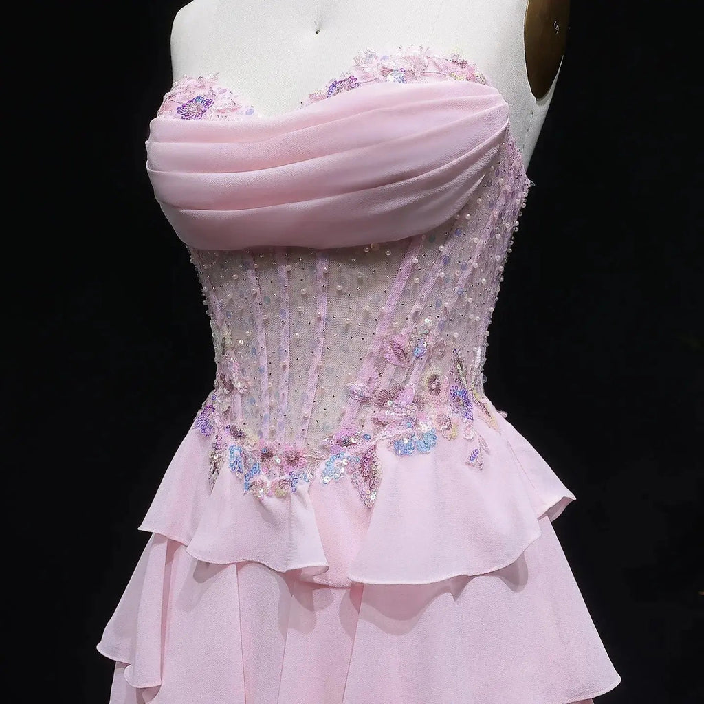 Pink Beaded Sequin Strapless Tiered A-Line Prom Dress Side View