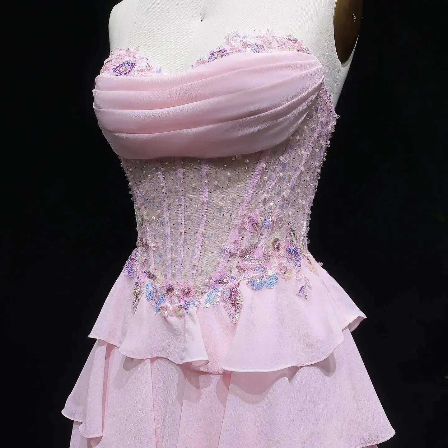 Pink Beaded Sequin Strapless Tiered A-Line Prom Dress Side View