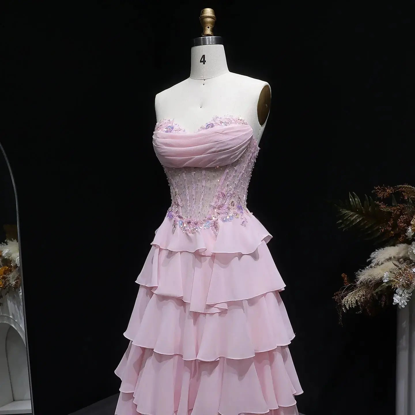 Pink Beaded Sequin Strapless Tiered A-Line Prom Dress Detail View