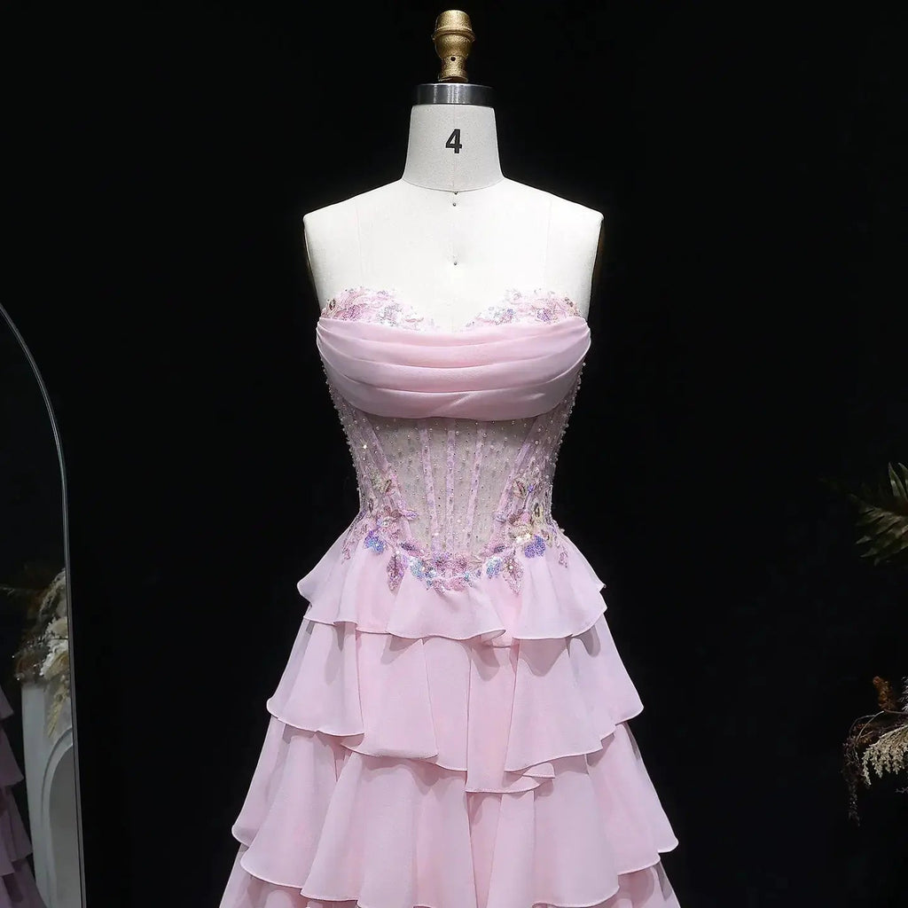 Pink Beaded Sequin Strapless Tiered A-Line Prom Dress Full Length View
