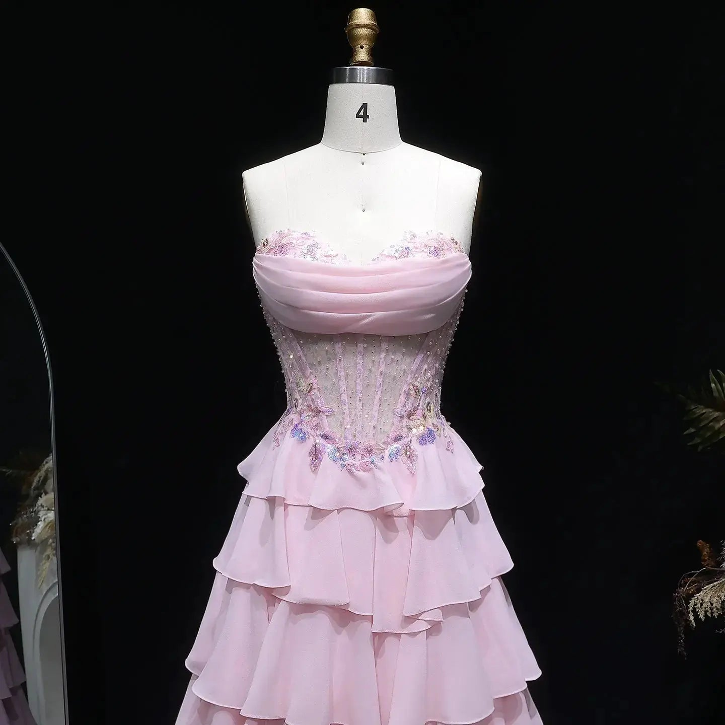 Pink Beaded Sequin Strapless Tiered A-Line Prom Dress Full Length View