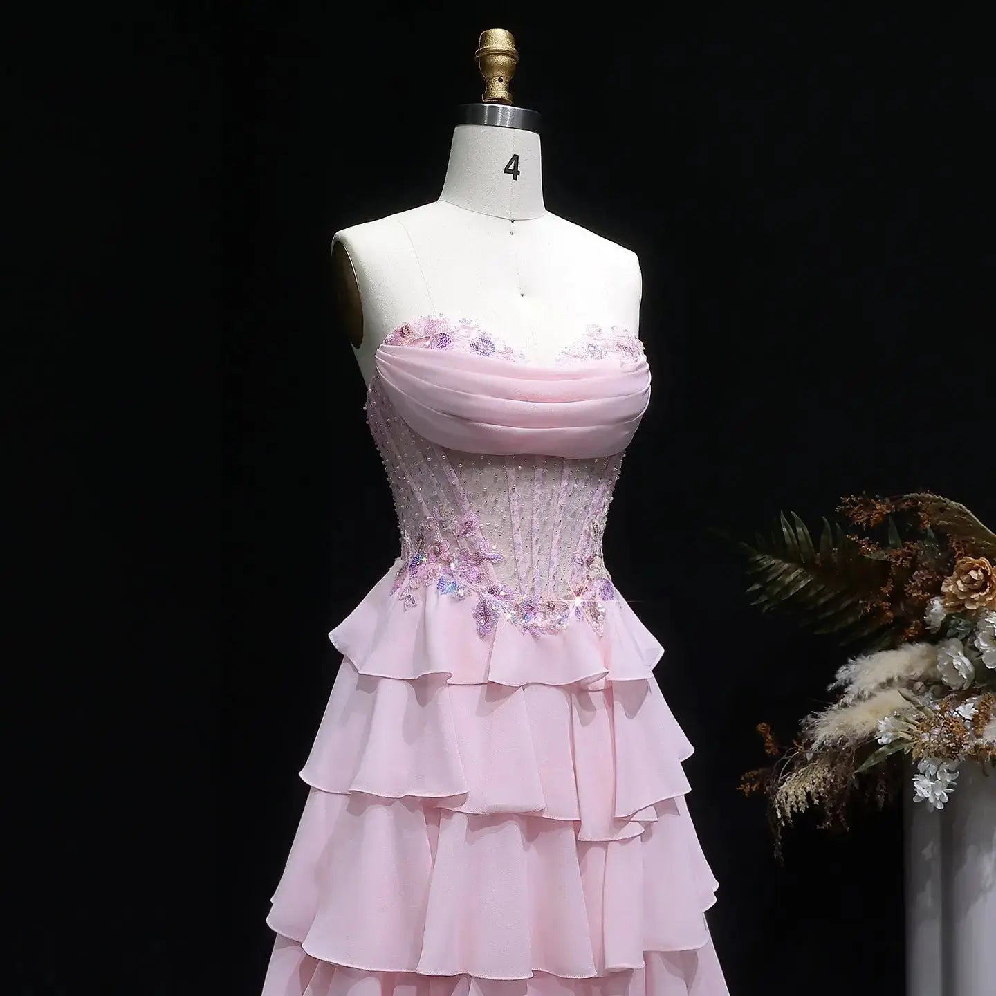 Pink Beaded Sequin Strapless Tiered A-Line Prom Dress Close-Up View