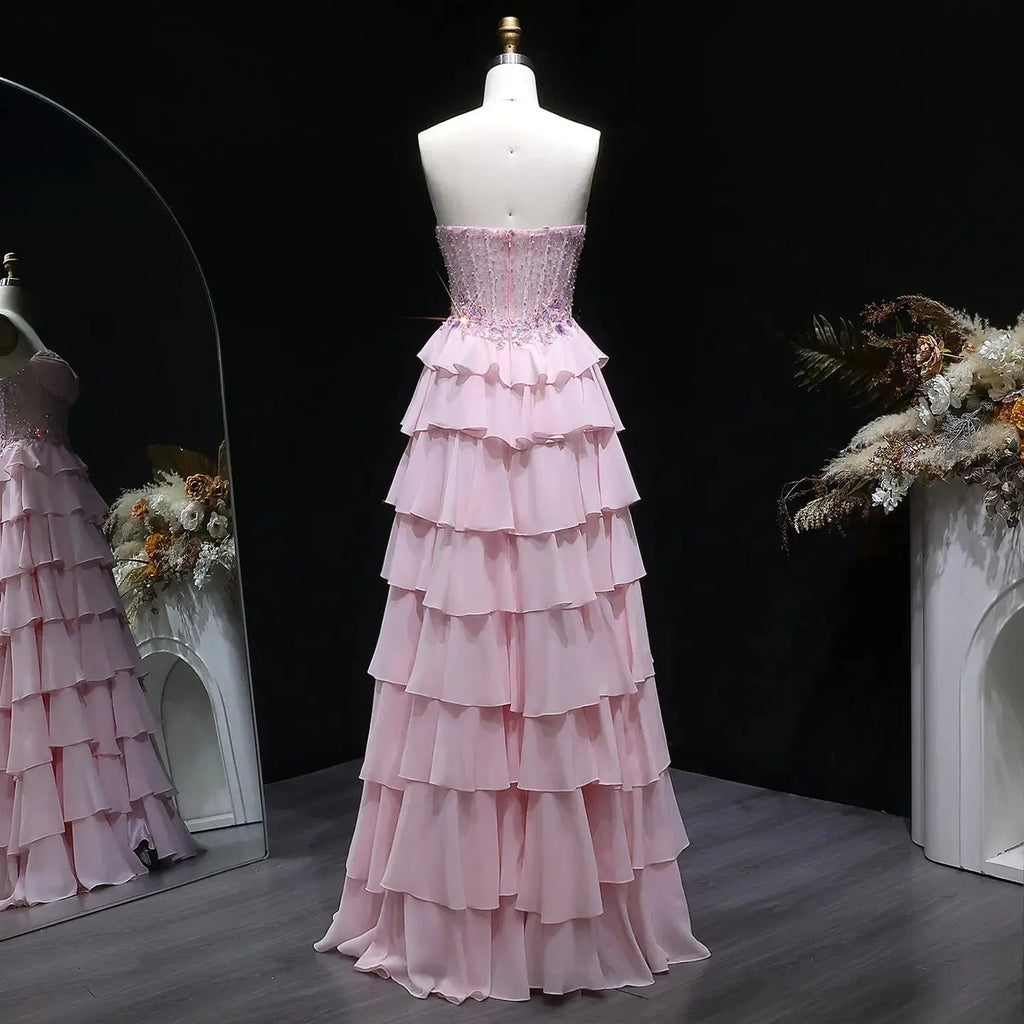 Pink Beaded Sequin Strapless Tiered A-Line Prom Dress Angle View