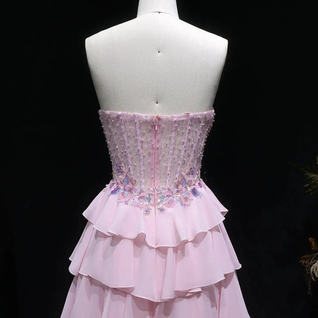 Pink Beaded Sequin Strapless Tiered A-Line Prom Dress Neckline Detail