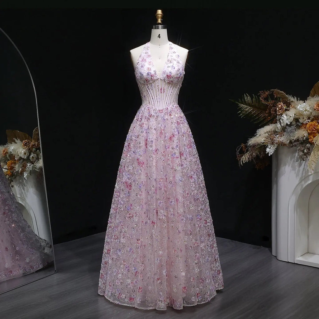 Pink Sequin Embroidered Halter A-Line Prom Dress Front View