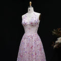 Pink Sequin Embroidered Halter A-Line Prom Dress Detail View