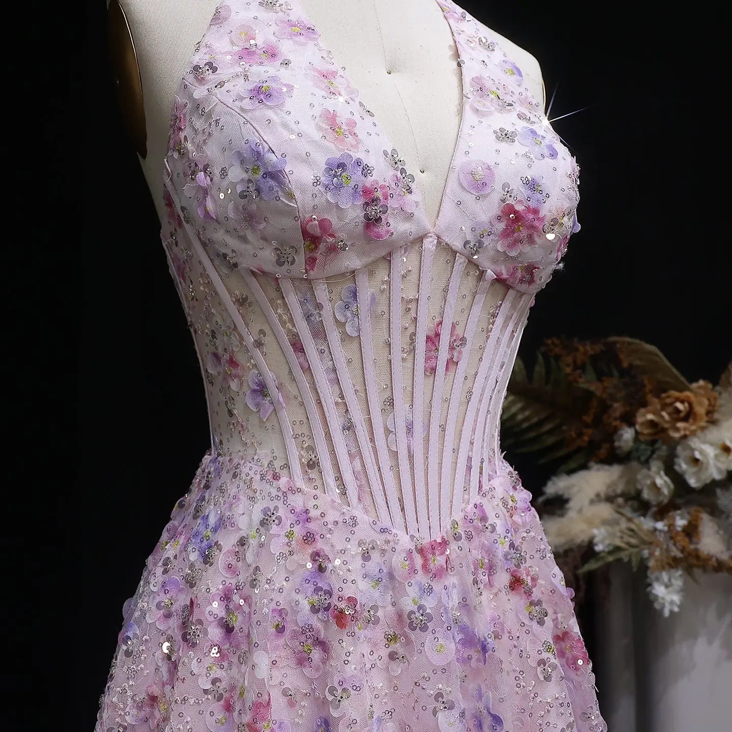 Pink Sequin Embroidered Halter A-Line Prom Dress Close-Up View