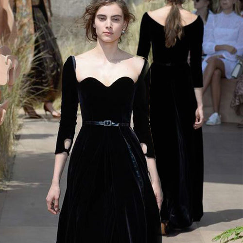 3/4 Sleeve Black Velvet Evening Dress – Custom Prom & Party Gown
