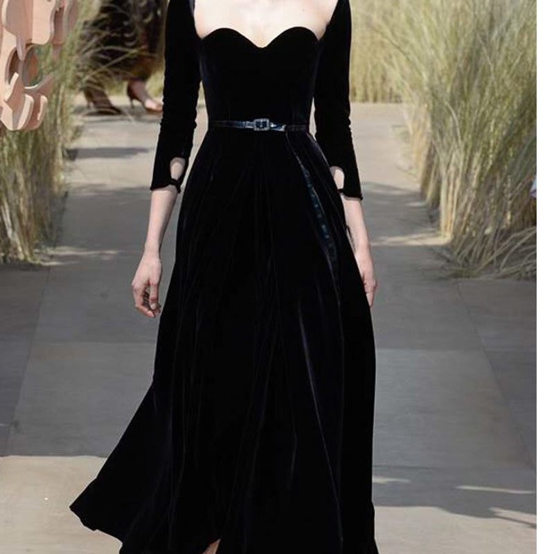 3/4 Sleeve Black Velvet Evening Dress – Custom Prom & Party Gown