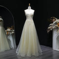 Yellow Floral Embroidered Beaded Spaghetti Strap Prom Dress Front View