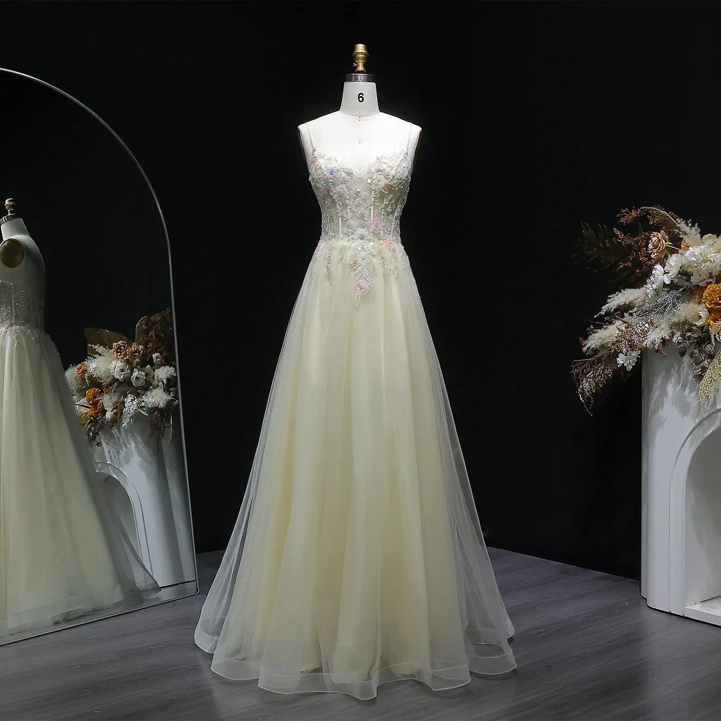 Yellow Floral Embroidered Beaded Spaghetti Strap Prom Dress Front View