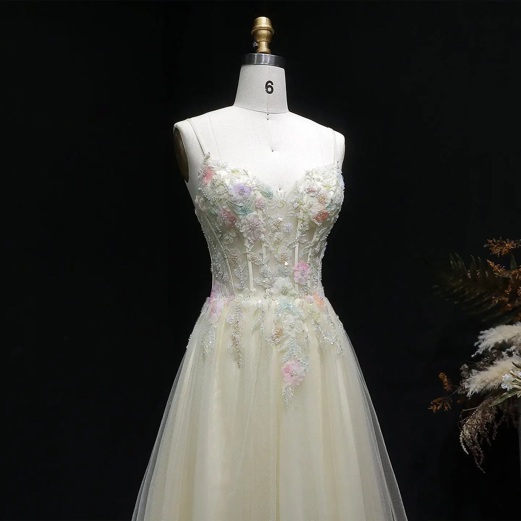 Yellow Floral Embroidered Beaded Spaghetti Strap Prom Dress Back View