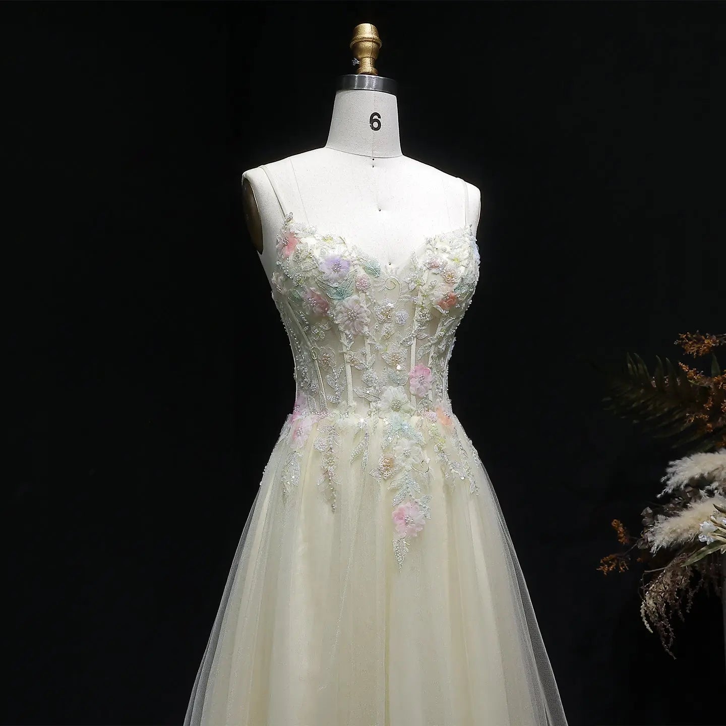 Yellow Floral Embroidered Beaded Spaghetti Strap Prom Dress Back View