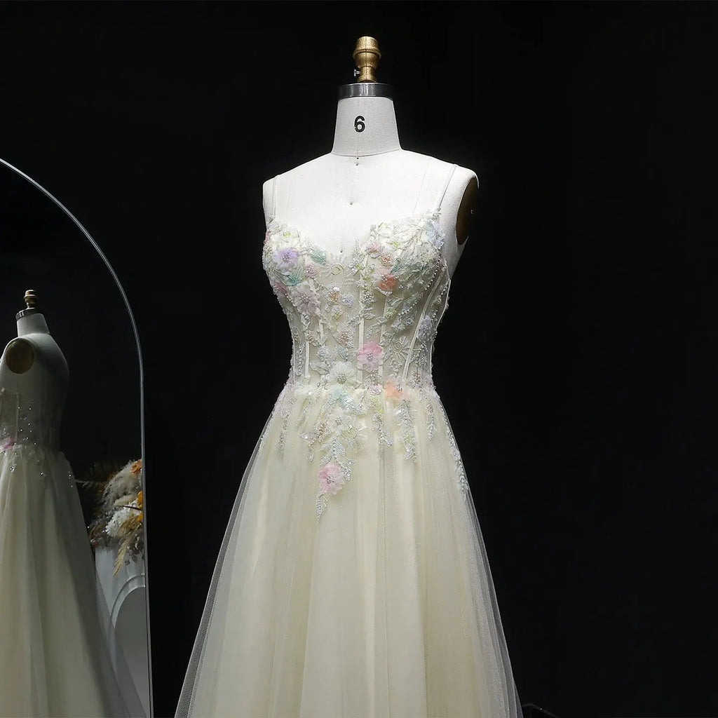 Yellow Floral Embroidered Beaded Spaghetti Strap Prom Dress Side View