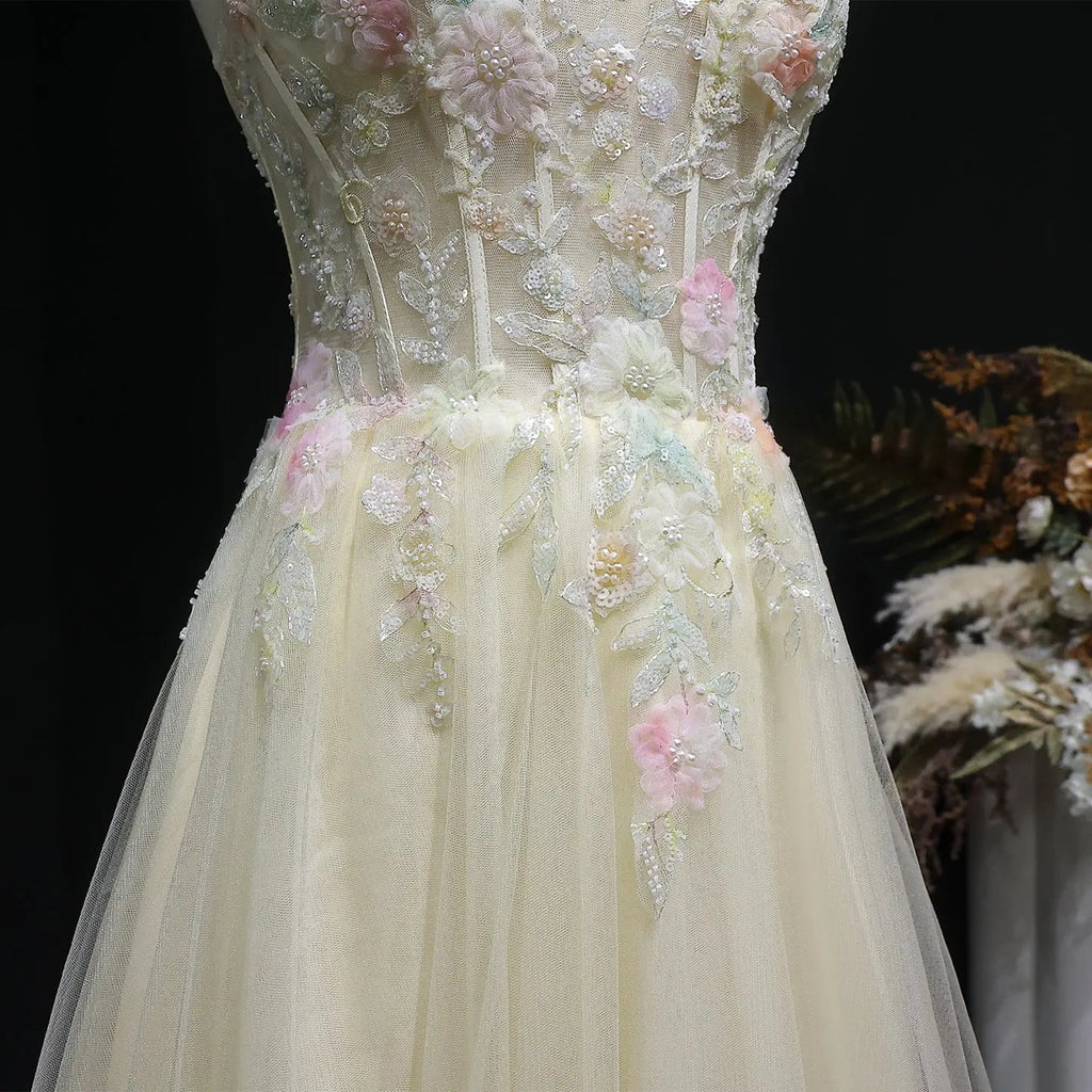 Yellow Floral Embroidered Beaded Spaghetti Strap Prom Dress Detail View