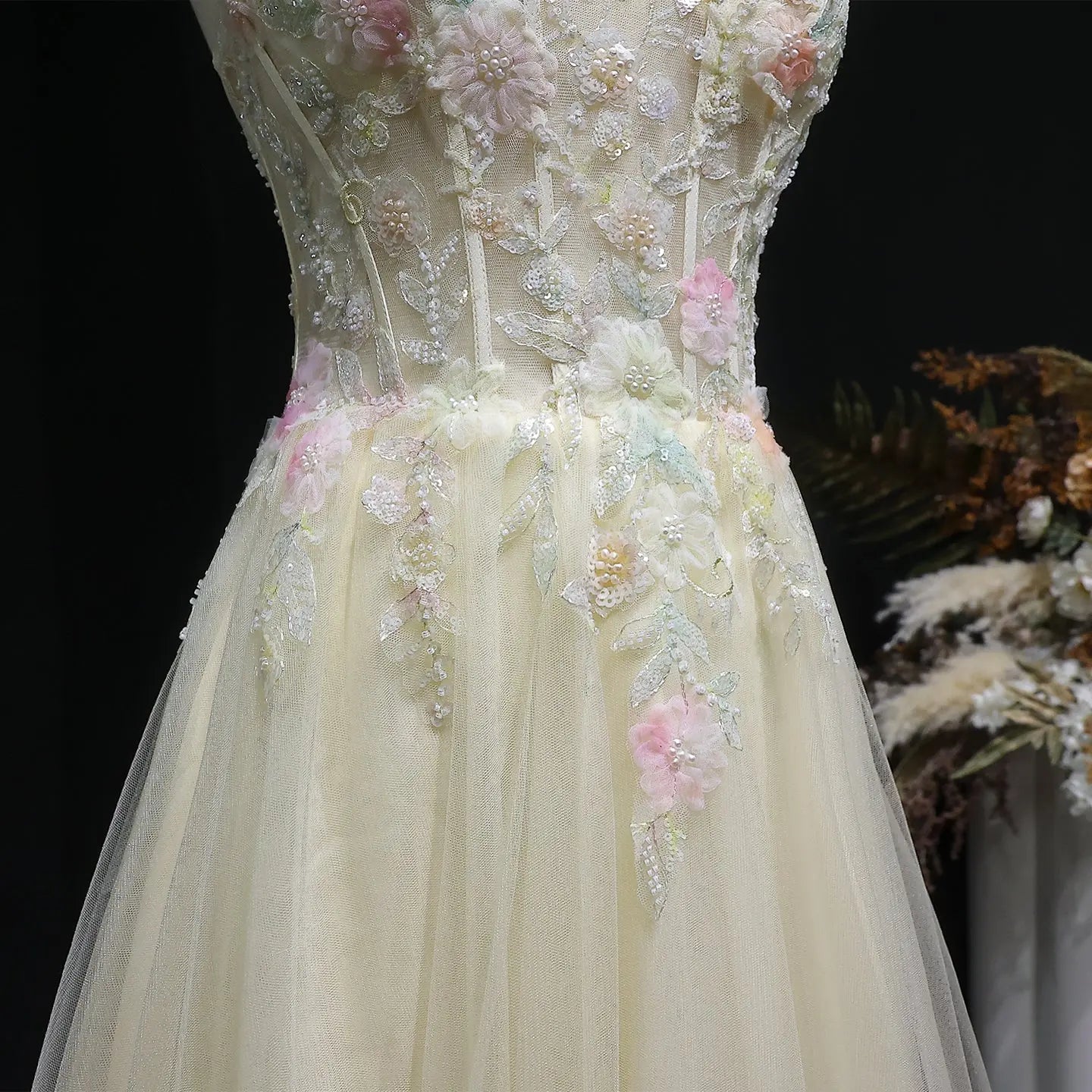 Yellow Floral Embroidered Beaded Spaghetti Strap Prom Dress Detail View