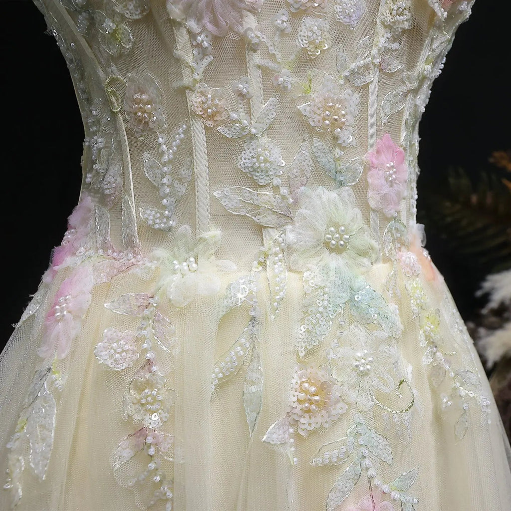 Yellow Floral Embroidered Beaded Spaghetti Strap Prom Dress Full Length View