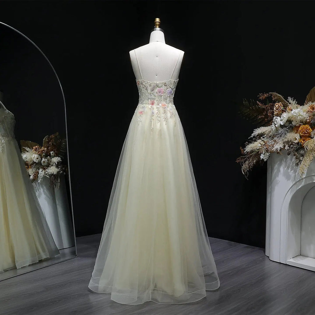 Yellow Floral Embroidered Beaded Spaghetti Strap Prom Dress Close-Up View