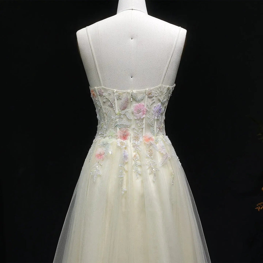 Yellow Floral Embroidered Beaded Spaghetti Strap Prom Dress Angle View