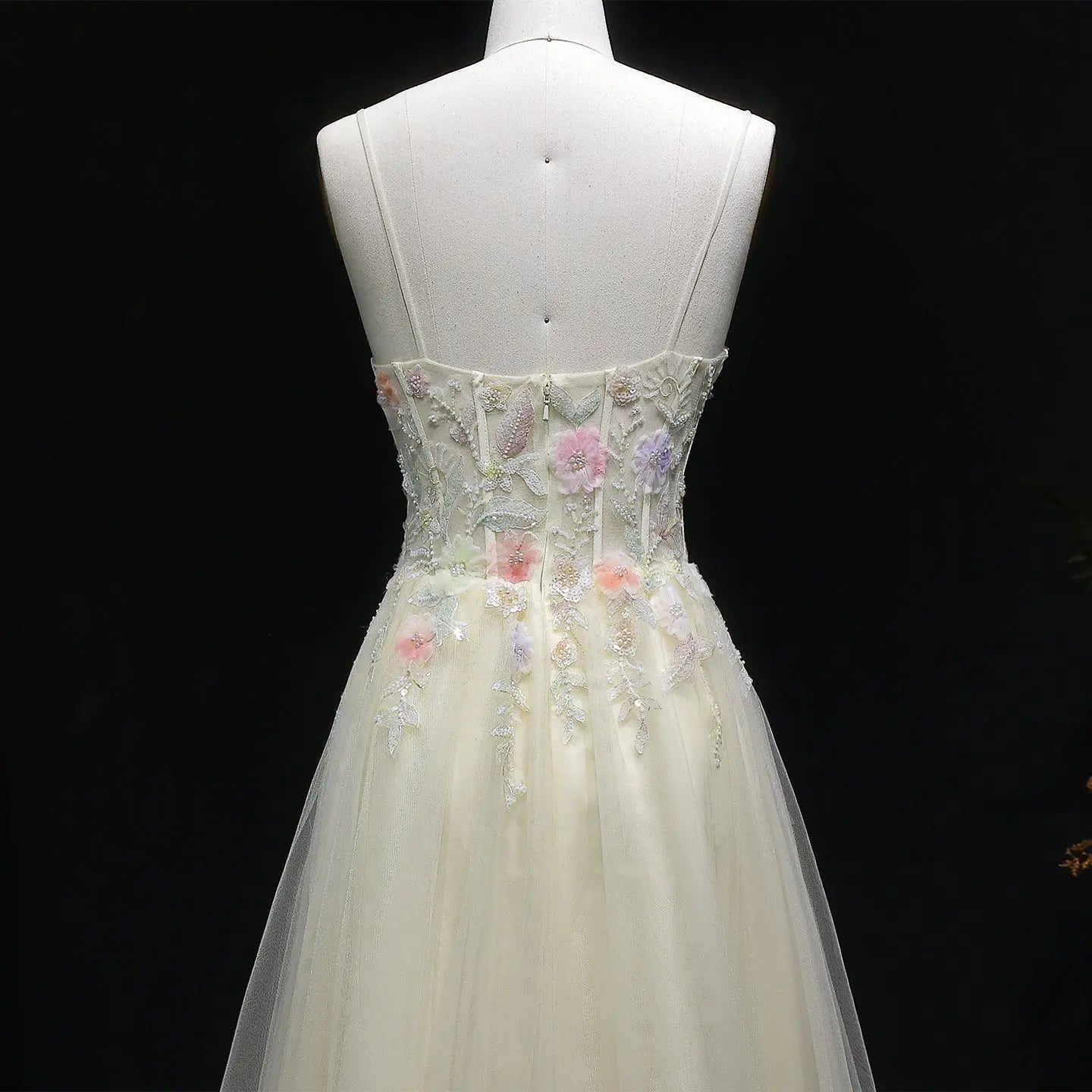 Yellow Floral Embroidered Beaded Spaghetti Strap Prom Dress Angle View